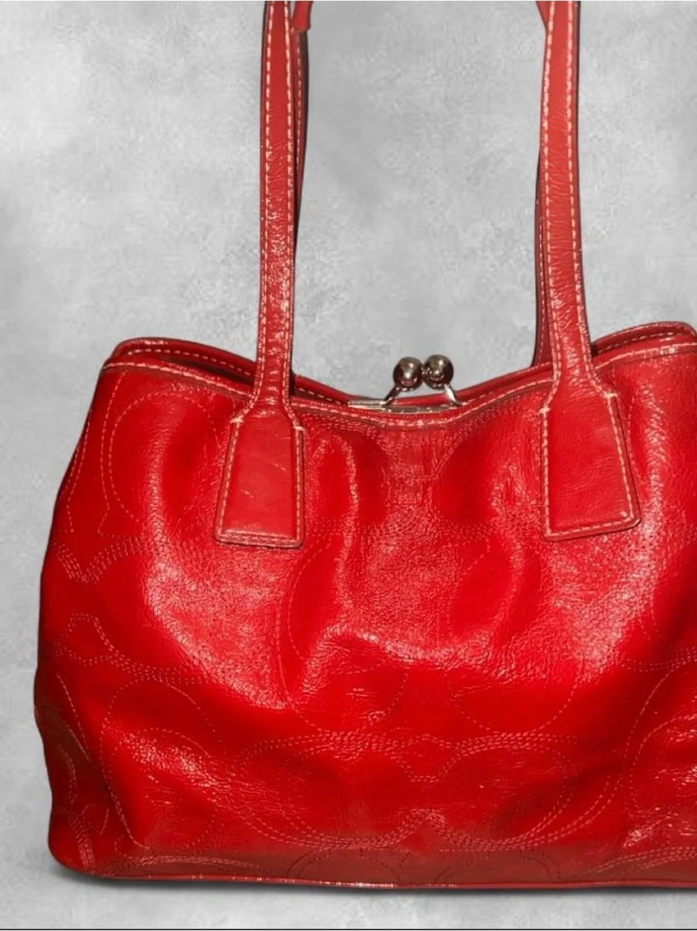 Vintage Y2K Coach Red Patent Leather Kiss Lock Carryall Tote Shoulder Bag F15658